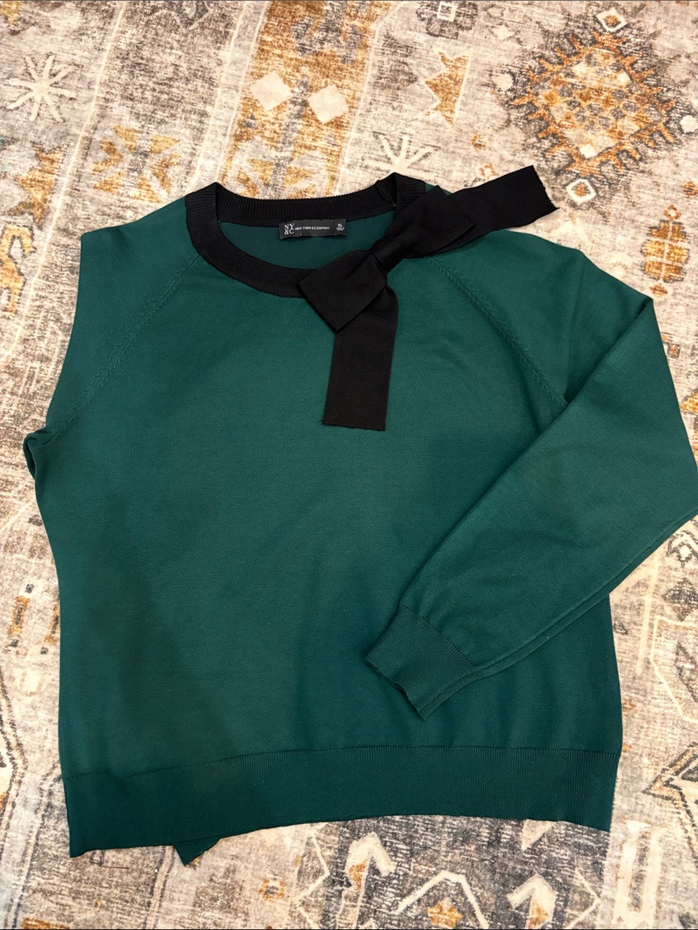 New York & Company Green Sweater with Black Bow Detail